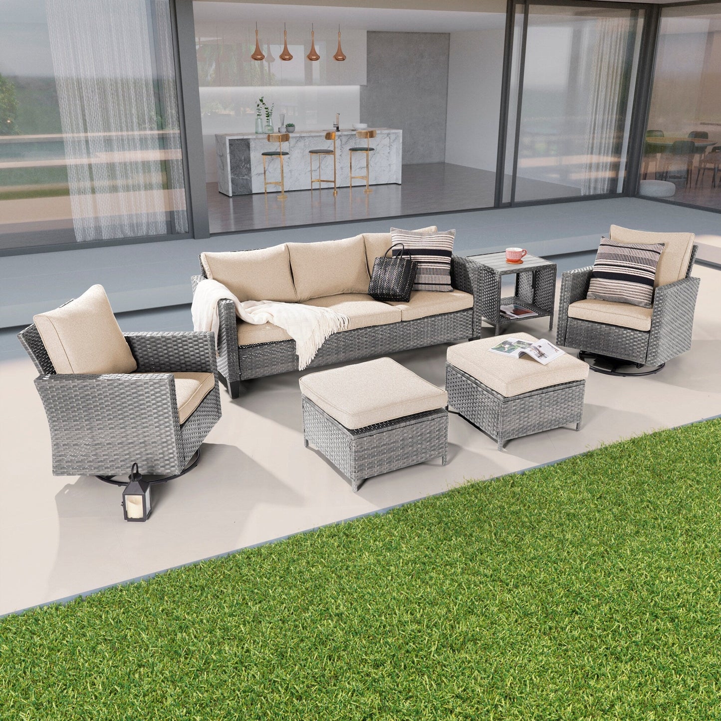 BONOSUKI Set di divani a dondolo girevoli da giardino da 6 pezzi in rattan grigio con tavolino laterale