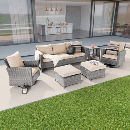 BONOSUKI Set di divani a dondolo girevoli da giardino da 6 pezzi in rattan grigio con tavolino laterale