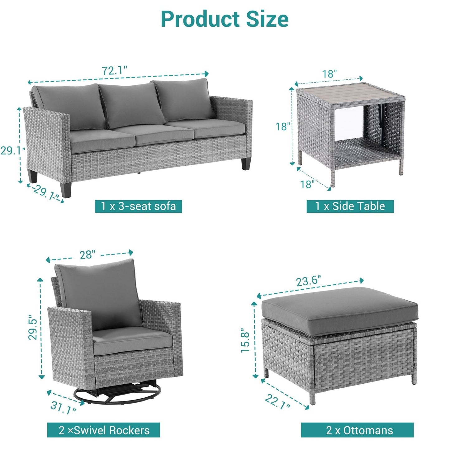 BONOSUKI Set di divani a dondolo girevoli da giardino da 6 pezzi in rattan grigio con tavolino laterale