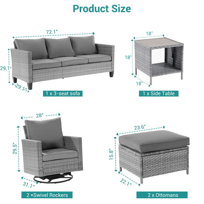 BONOSUKI Set di divani a dondolo girevoli da giardino da 6 pezzi in rattan grigio con tavolino laterale