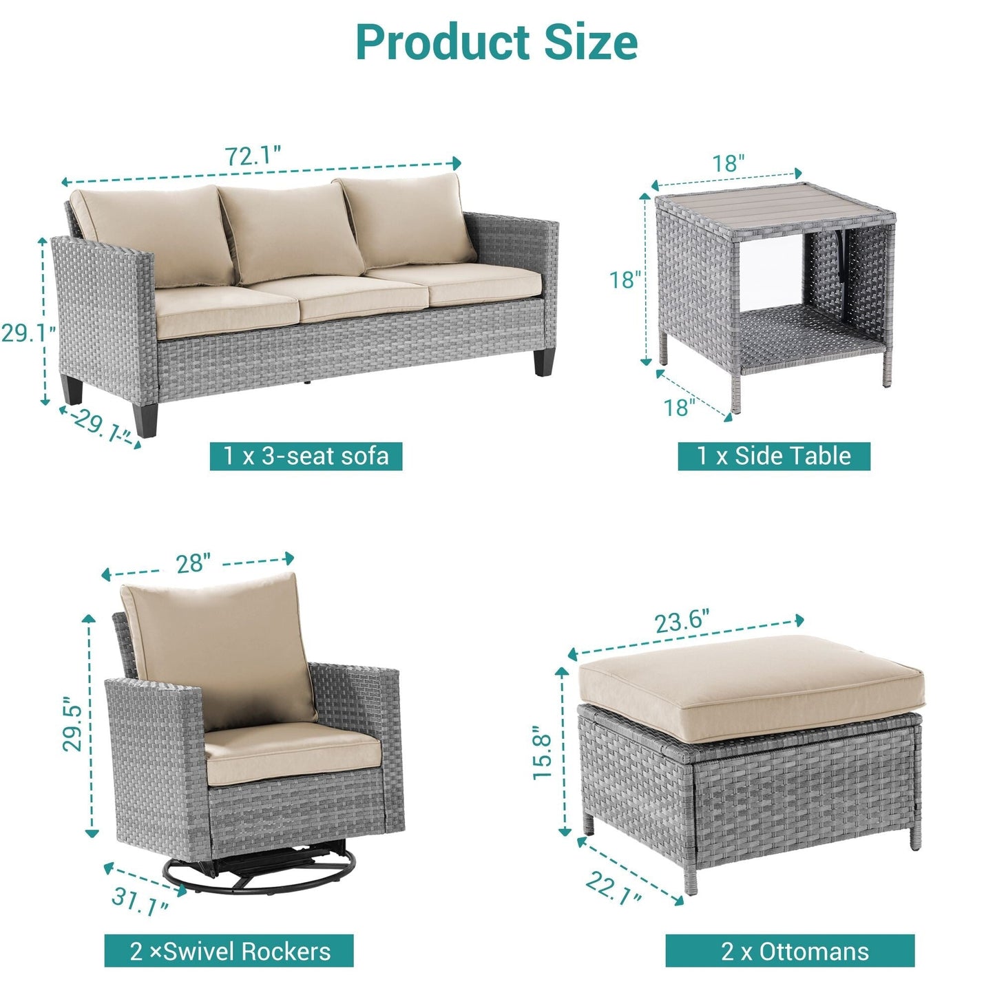 BONOSUKI Set di divani a dondolo girevoli da giardino da 6 pezzi in rattan grigio con tavolino laterale