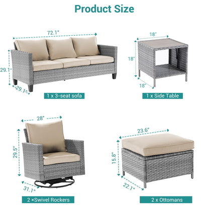 BONOSUKI Set di divani a dondolo girevoli da giardino da 6 pezzi in rattan grigio con tavolino laterale