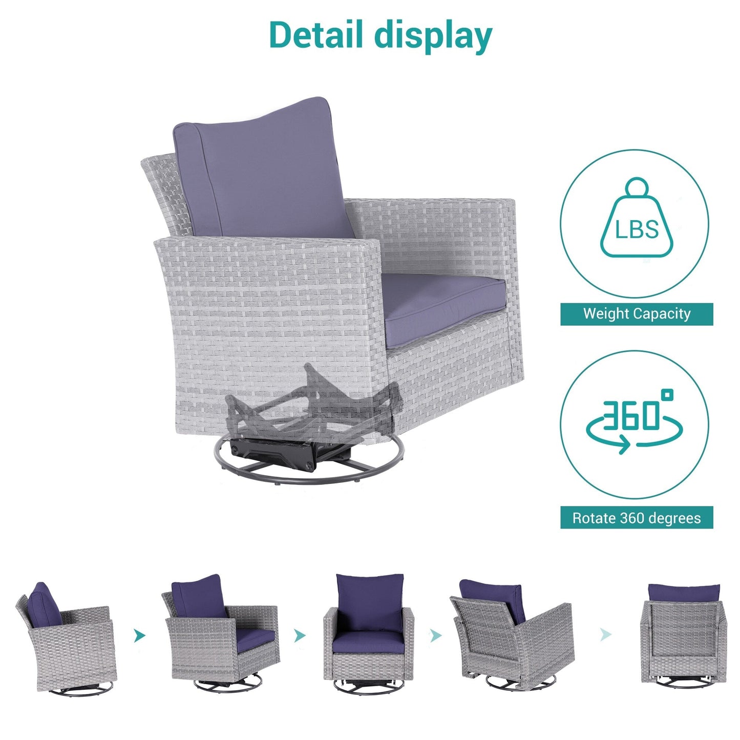 BONOSUKI Set di divani a dondolo girevoli da giardino da 6 pezzi in rattan grigio con tavolino laterale
