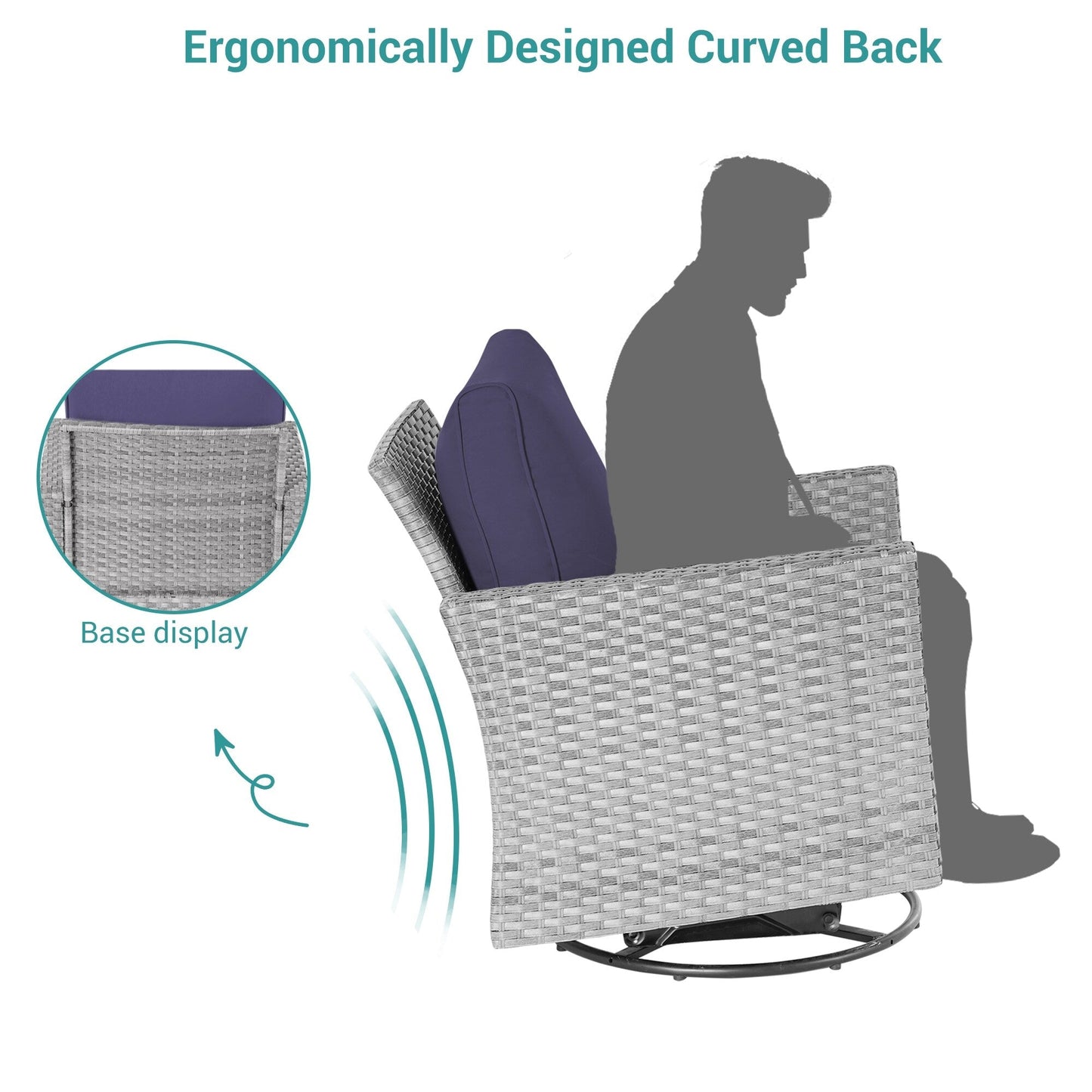 BONOSUKI Set di divani a dondolo girevoli da giardino da 6 pezzi in rattan grigio con tavolino laterale