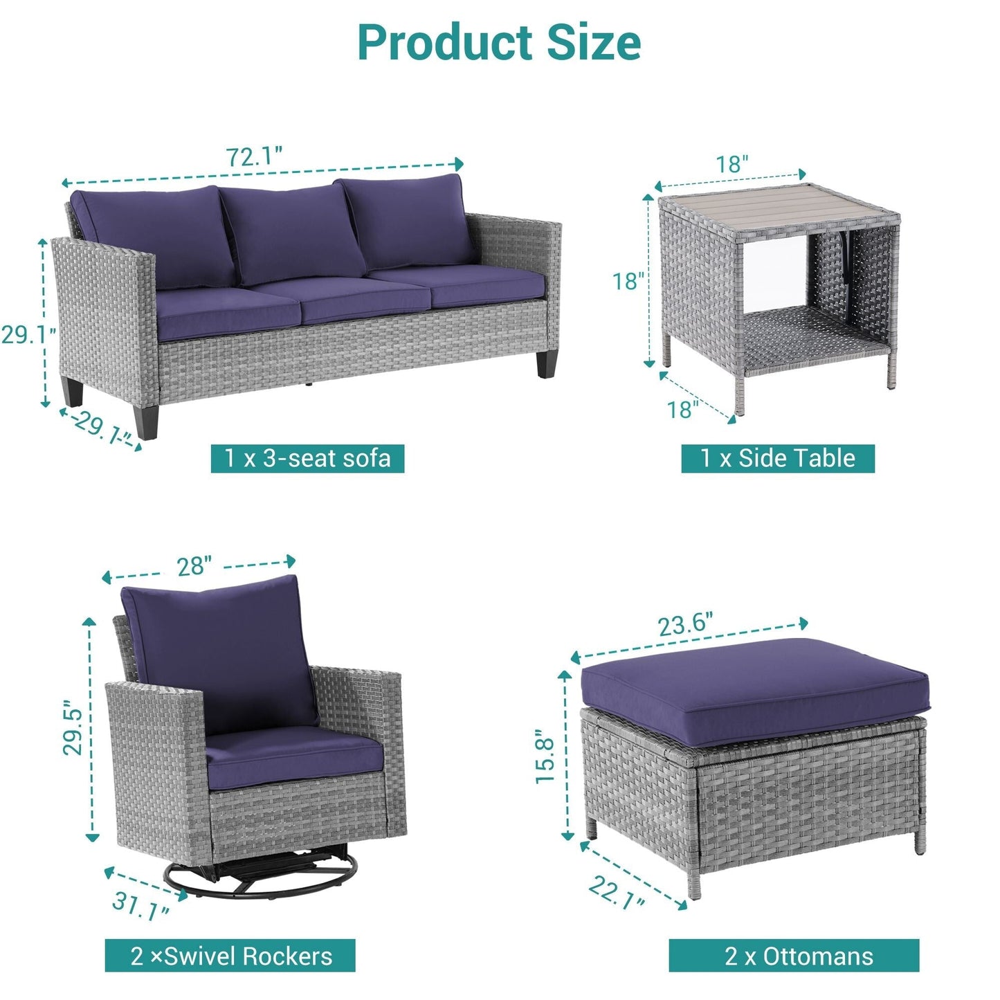 BONOSUKI Set di divani a dondolo girevoli da giardino da 6 pezzi in rattan grigio con tavolino laterale