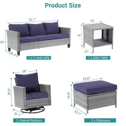 BONOSUKI Set di divani a dondolo girevoli da giardino da 6 pezzi in rattan grigio con tavolino laterale