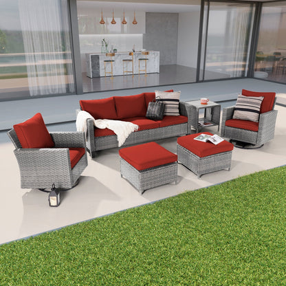 BONOSUKI Set di divani a dondolo girevoli da giardino da 6 pezzi in rattan grigio con tavolino laterale