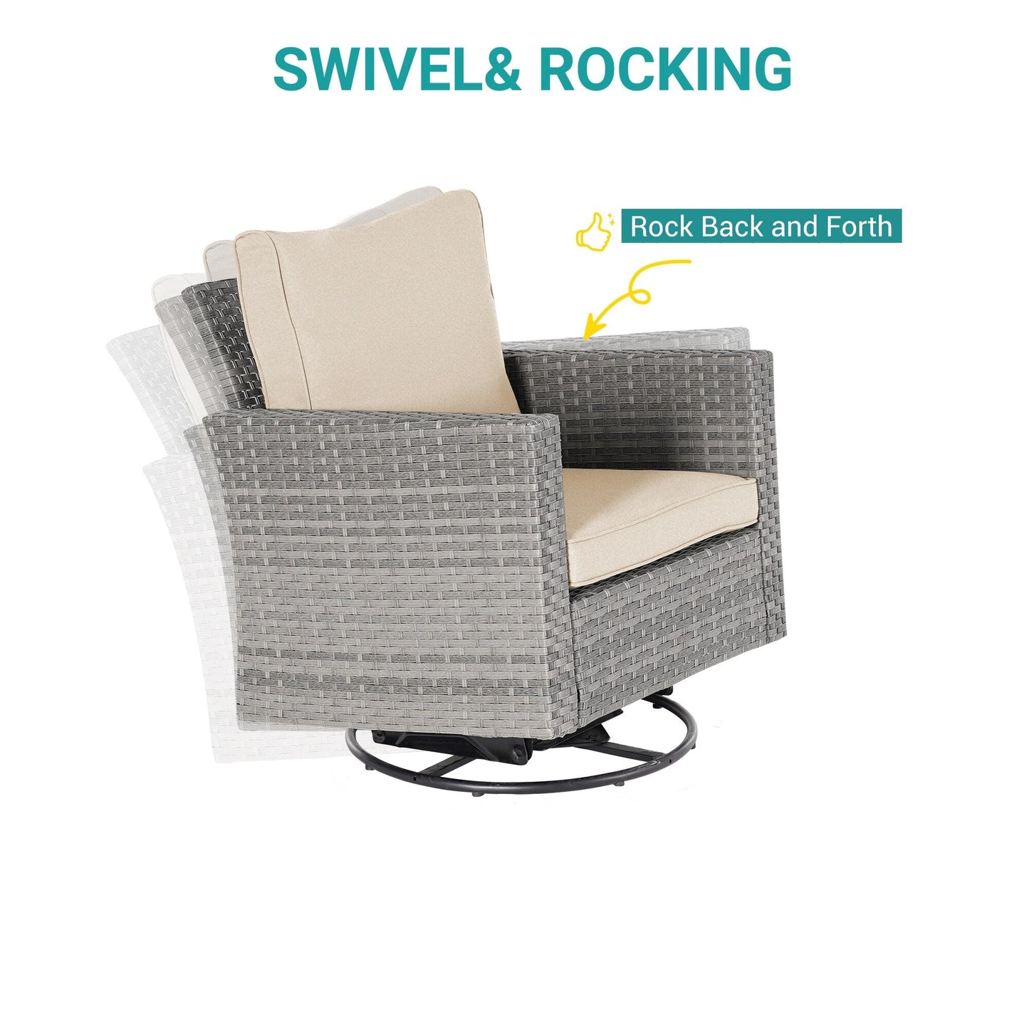 BONOSUKI Set di divani a dondolo girevoli da giardino da 6 pezzi in rattan grigio con tavolino laterale