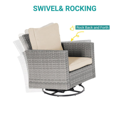 BONOSUKI Set di divani a dondolo girevoli da giardino da 6 pezzi in rattan grigio con tavolino laterale