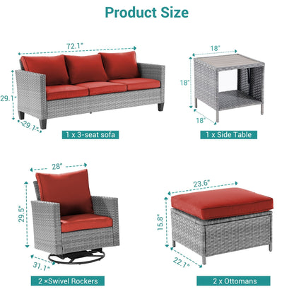 BONOSUKI Set di divani a dondolo girevoli da giardino da 6 pezzi in rattan grigio con tavolino laterale