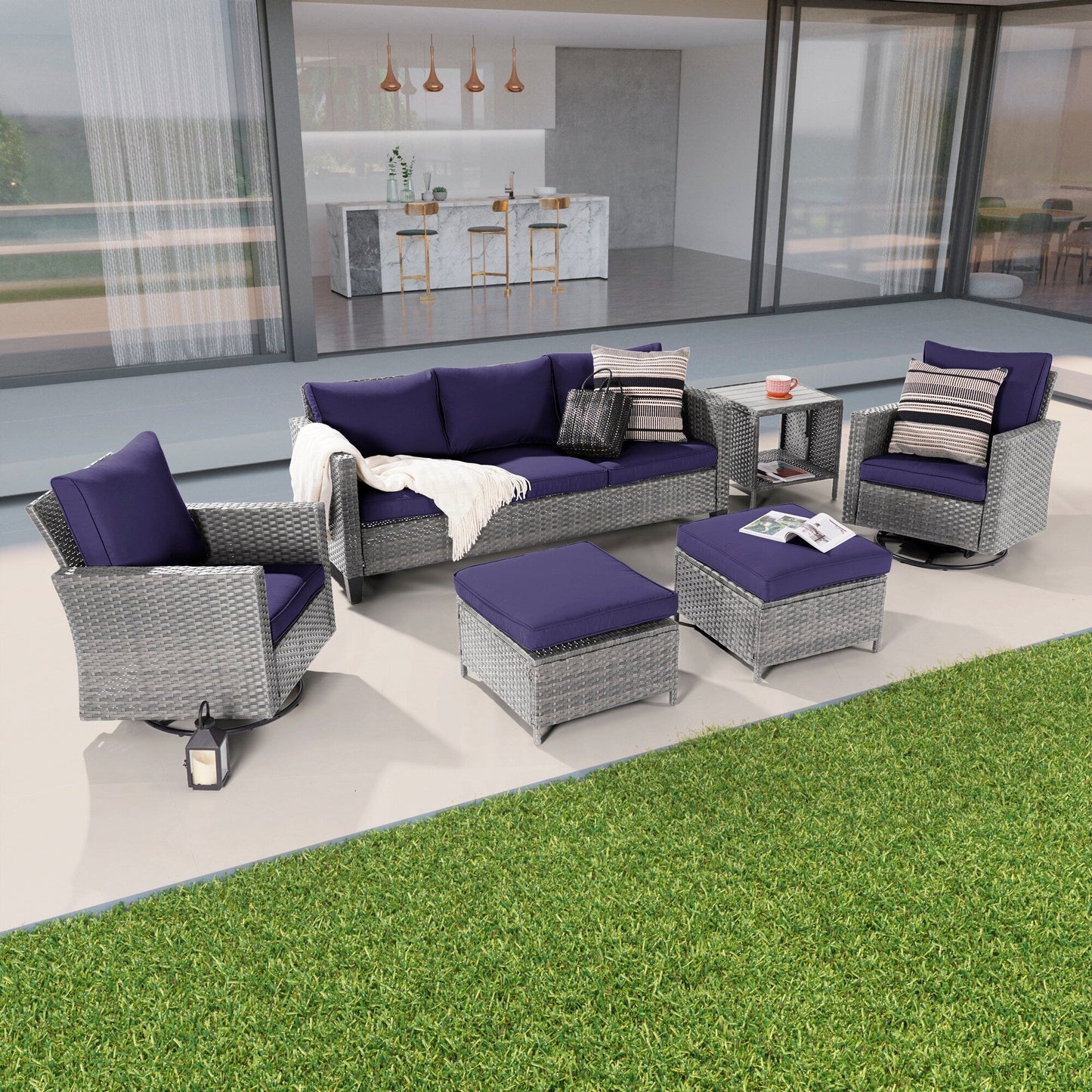 BONOSUKI Set di divani a dondolo girevoli da giardino da 6 pezzi in rattan grigio con tavolino laterale