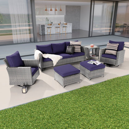 BONOSUKI Set di divani a dondolo girevoli da giardino da 6 pezzi in rattan grigio con tavolino laterale