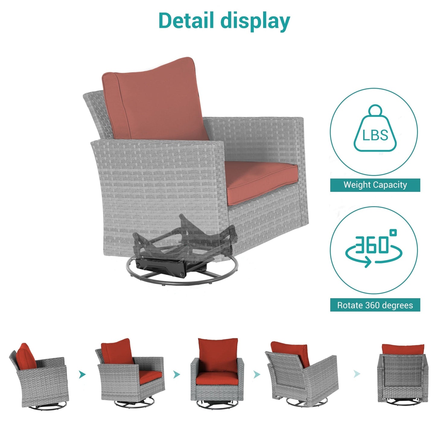BONOSUKI Set di divani a dondolo girevoli da giardino da 6 pezzi in rattan grigio con tavolino laterale