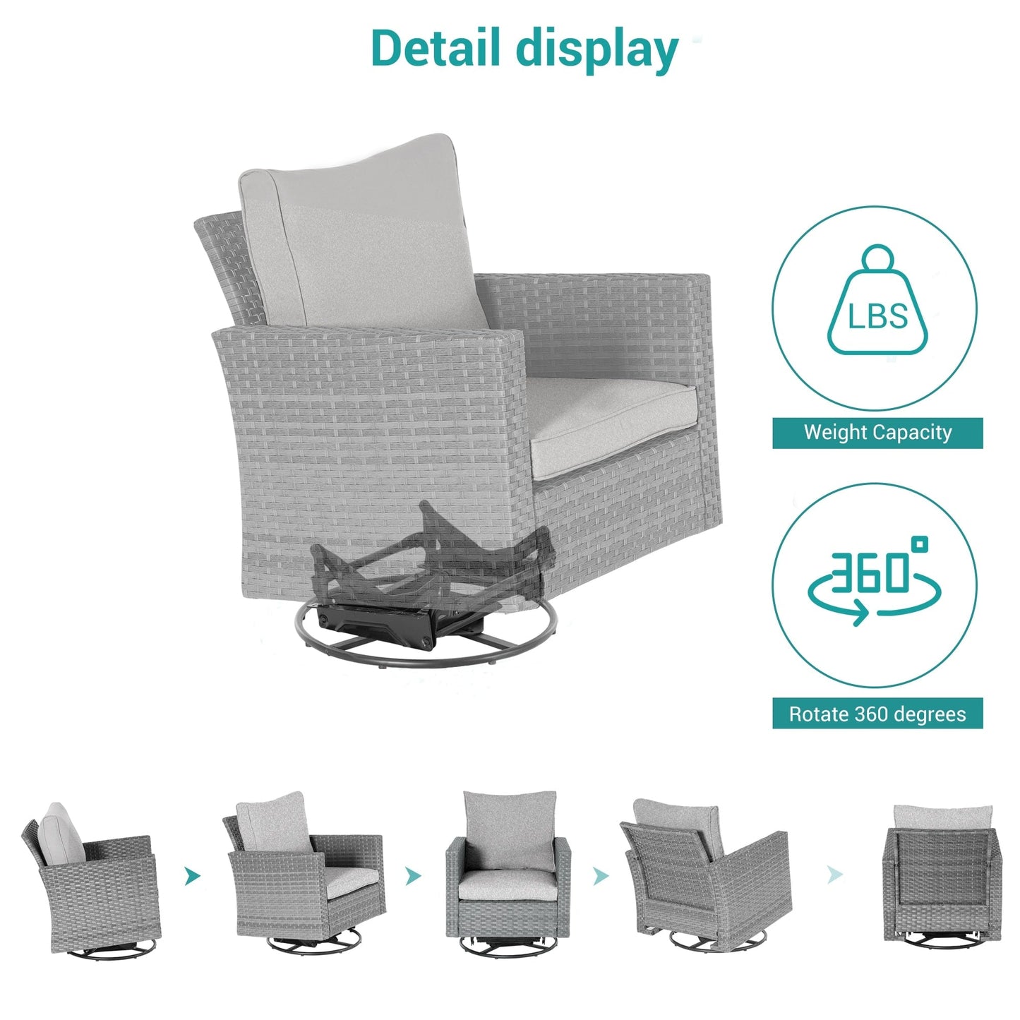 BONOSUKI Set di divani a dondolo girevoli da giardino da 6 pezzi in rattan grigio con tavolino laterale