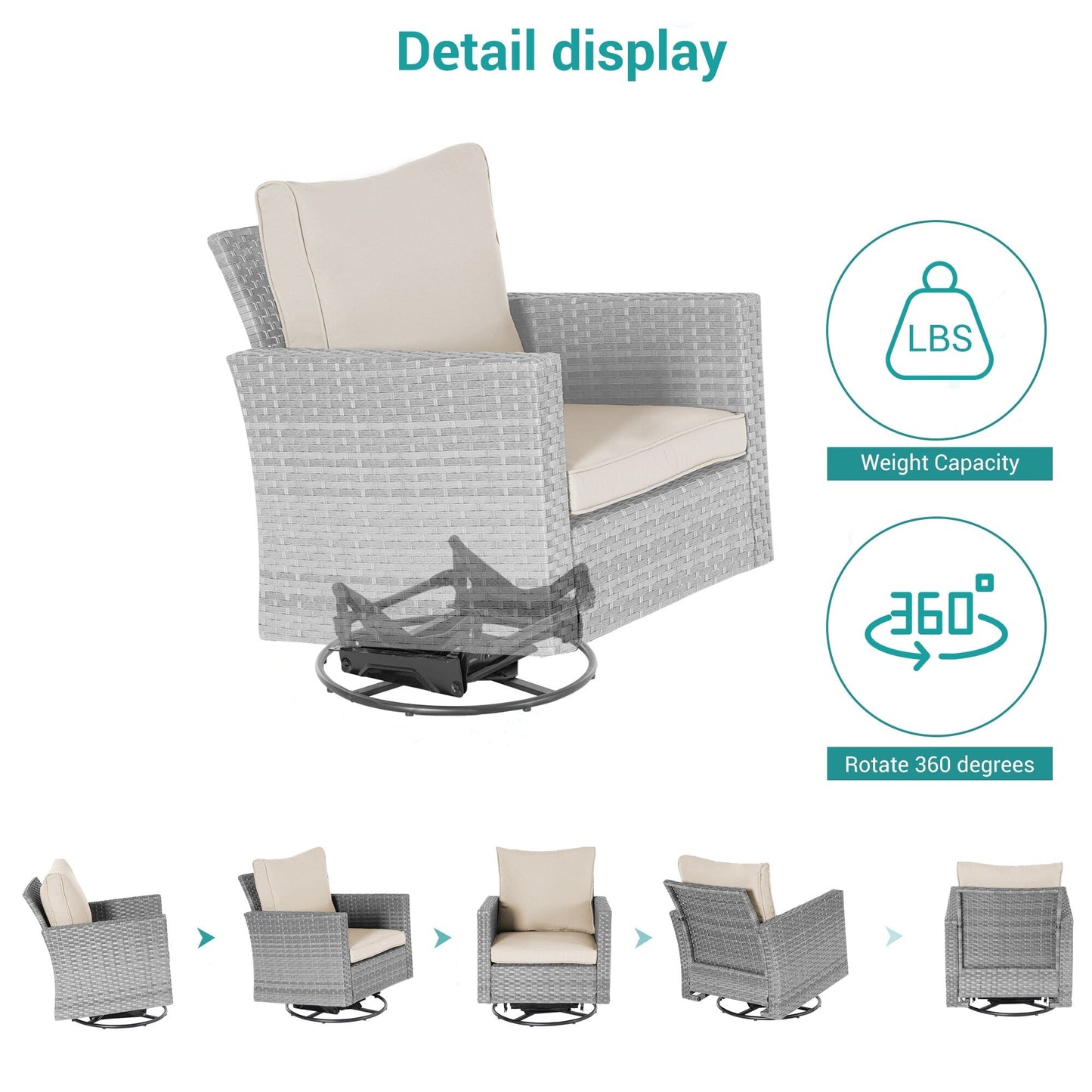 BONOSUKI Set di divani a dondolo girevoli da giardino da 6 pezzi in rattan grigio con tavolino laterale