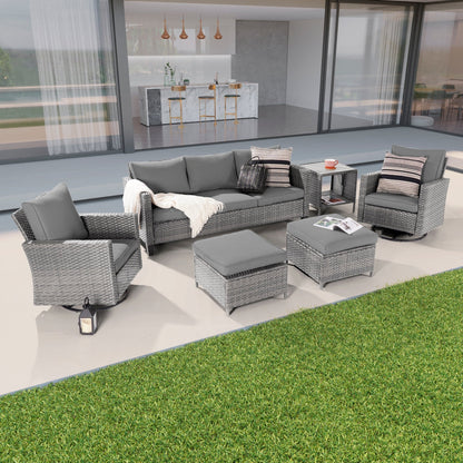 BONOSUKI Set di divani a dondolo girevoli da giardino da 6 pezzi in rattan grigio con tavolino laterale