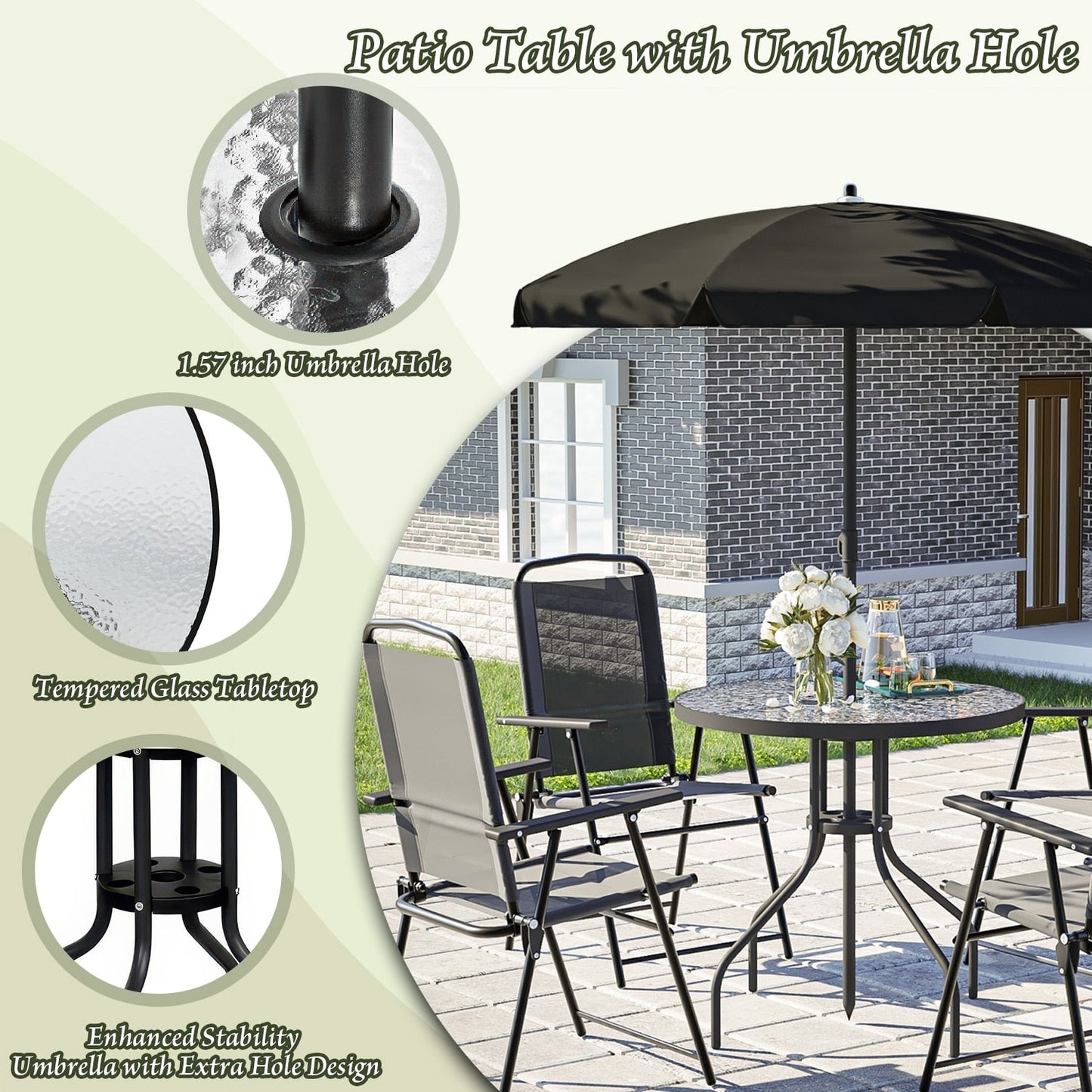 Set da pranzo pieghevole in metallo BOSSIN da 6 pezzi con ombrellone, tavolo e sedie per terrazza, prato, cortile
