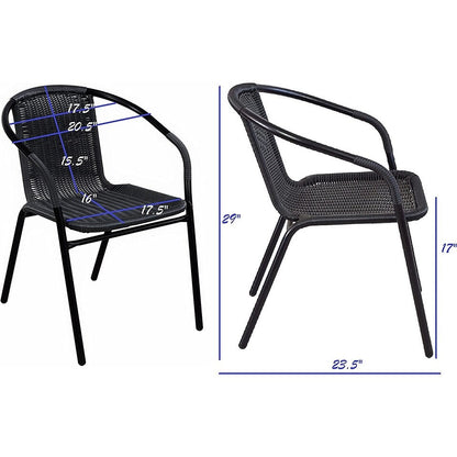 Tavolo quadrato in metallo con vetro temperato da 28 pollici per interni ed esterni BTEXPERT, finiture in rattan nero + 3 sedie impilabili in rattan nero per ristorante