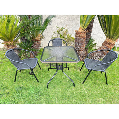 Tavolo quadrato in metallo con vetro temperato da 28 pollici per interni ed esterni BTEXPERT, finiture in rattan nero + 3 sedie impilabili in rattan nero per ristorante
