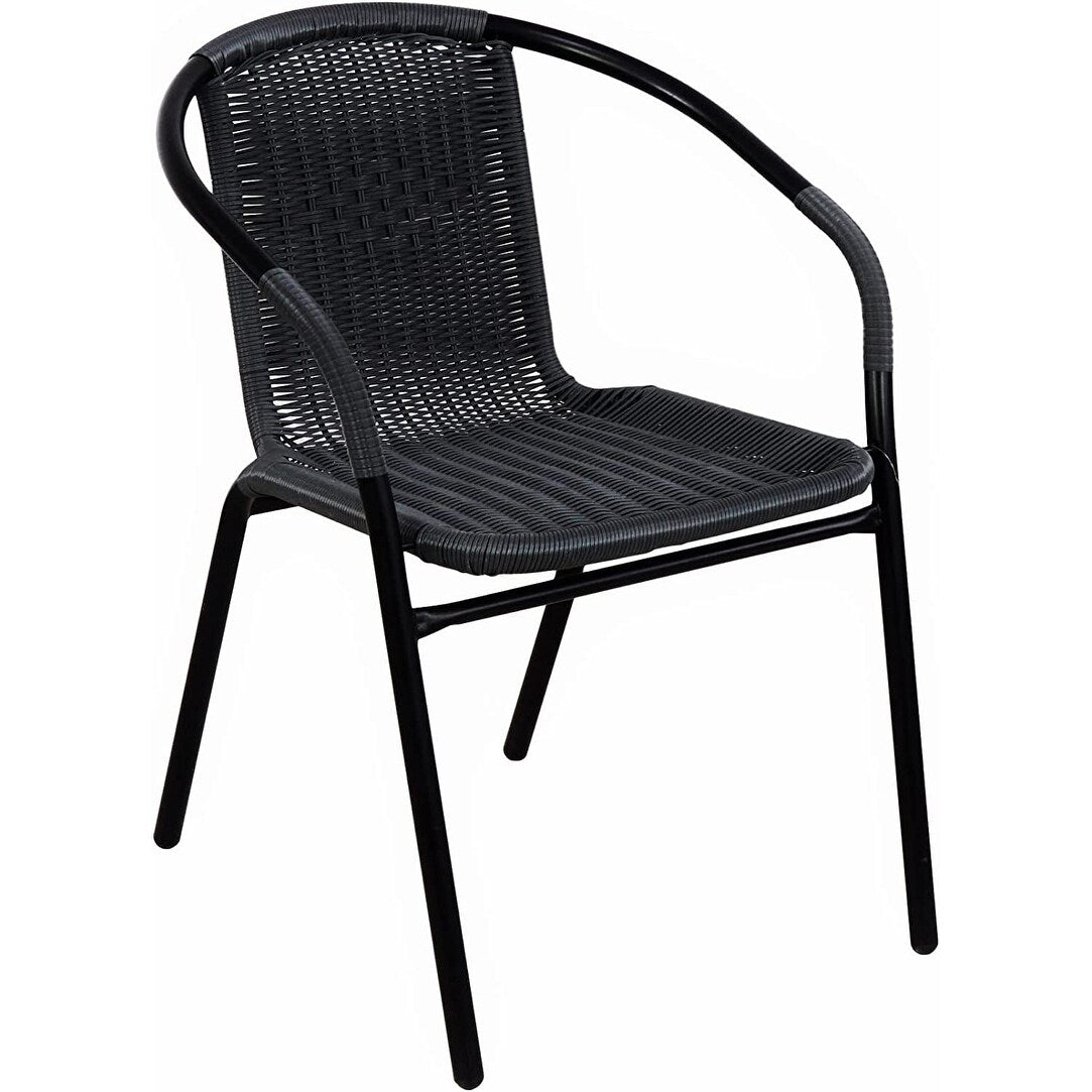 Tavolo quadrato in metallo con vetro temperato da 28 pollici per interni ed esterni BTEXPERT, finiture in rattan nero + 3 sedie impilabili in rattan nero per ristorante