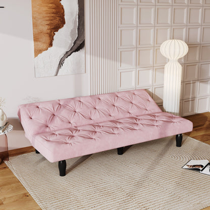 Divano letto a 3 posti in velluto rosa baby con struttura in legno