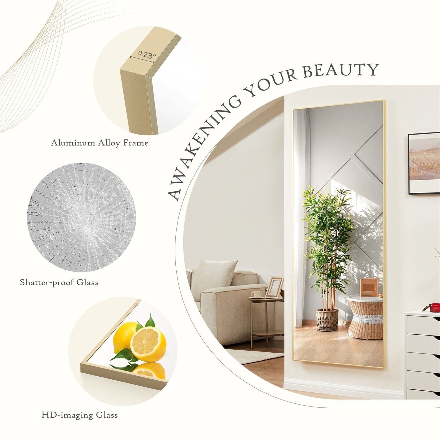 Specchio a figura intera con supporto, specchio da terra con cornice in lega di alluminio per camera da letto, specchio a figura intera da parete, guardaroba