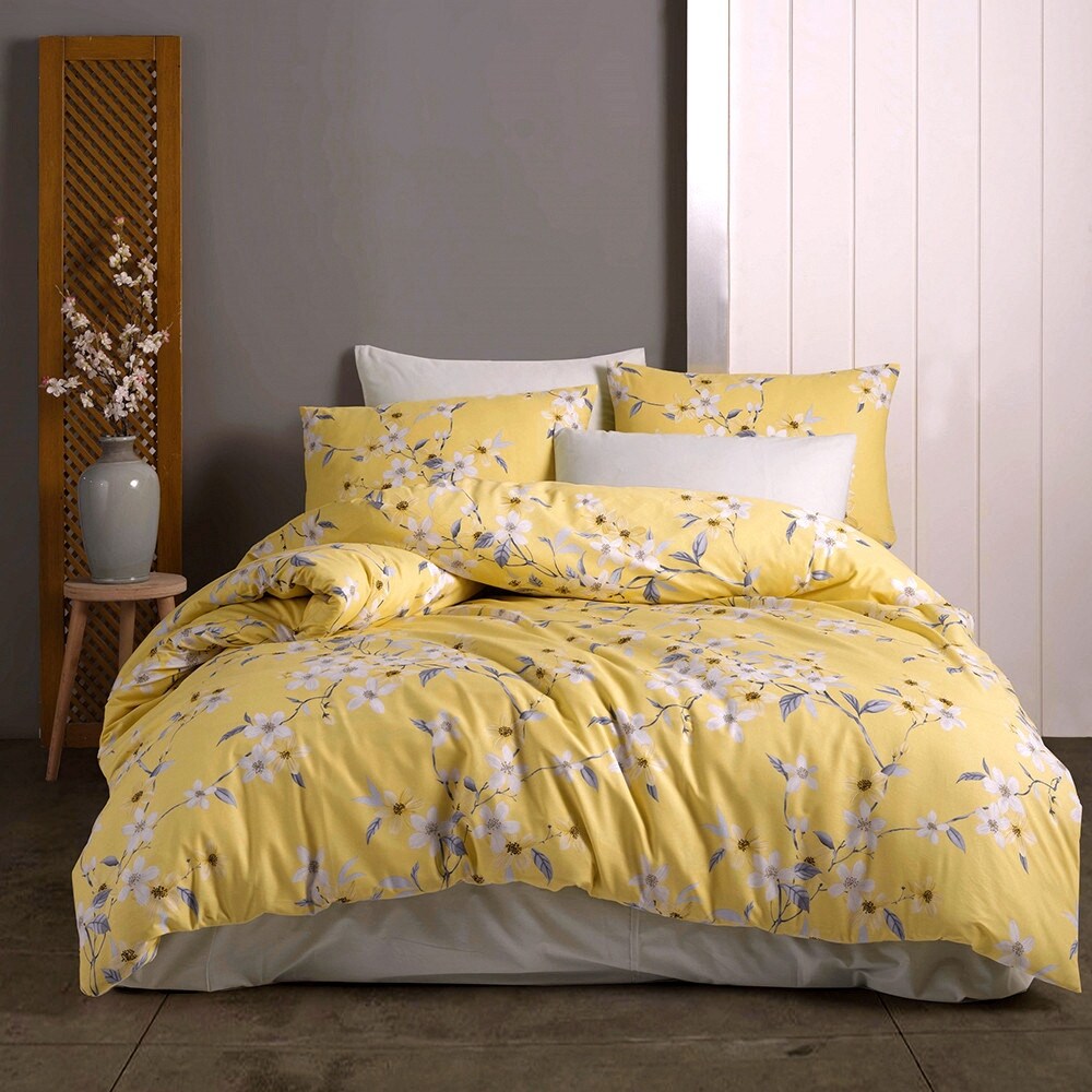 Set copripiumino in cotone giallo e grigio Bahar Cherry Blossom