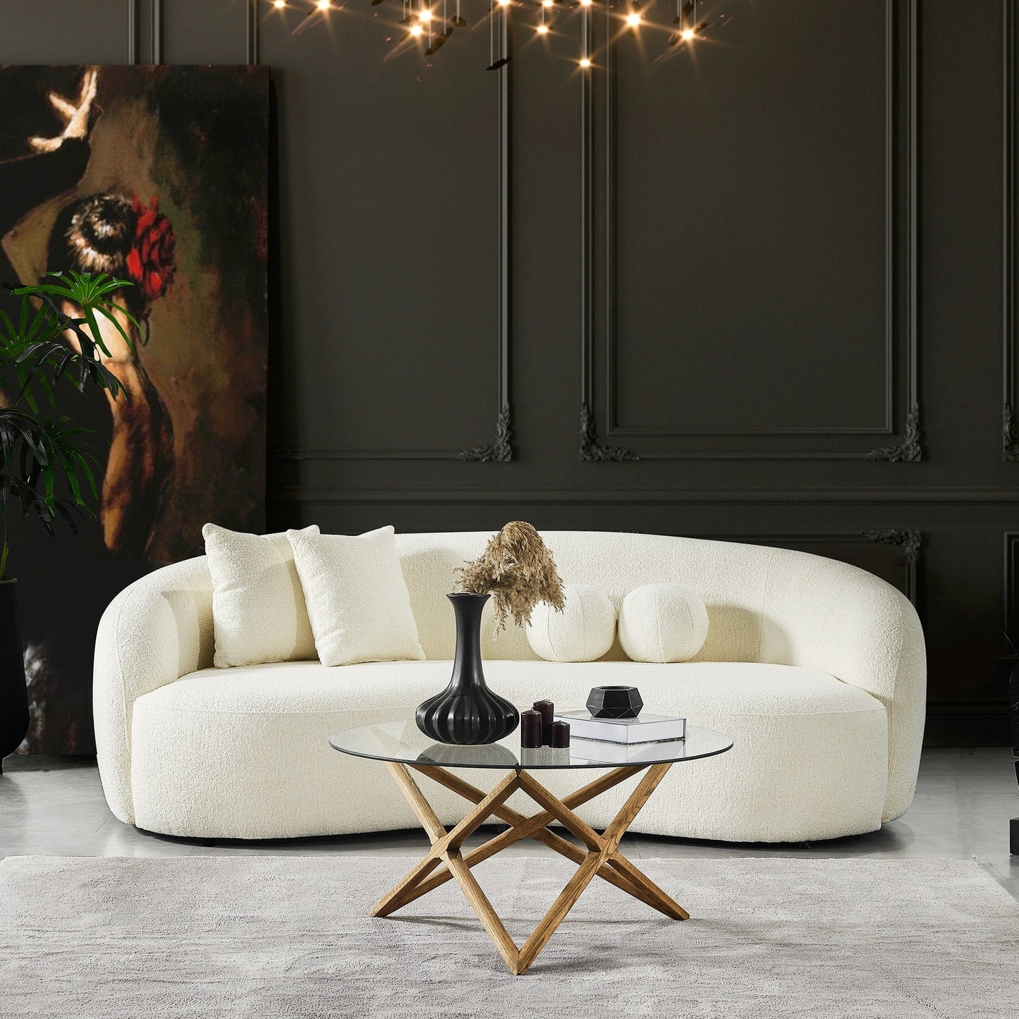 Divano Baker Mid-Century rivestito in tessuto bouclé francese color crema