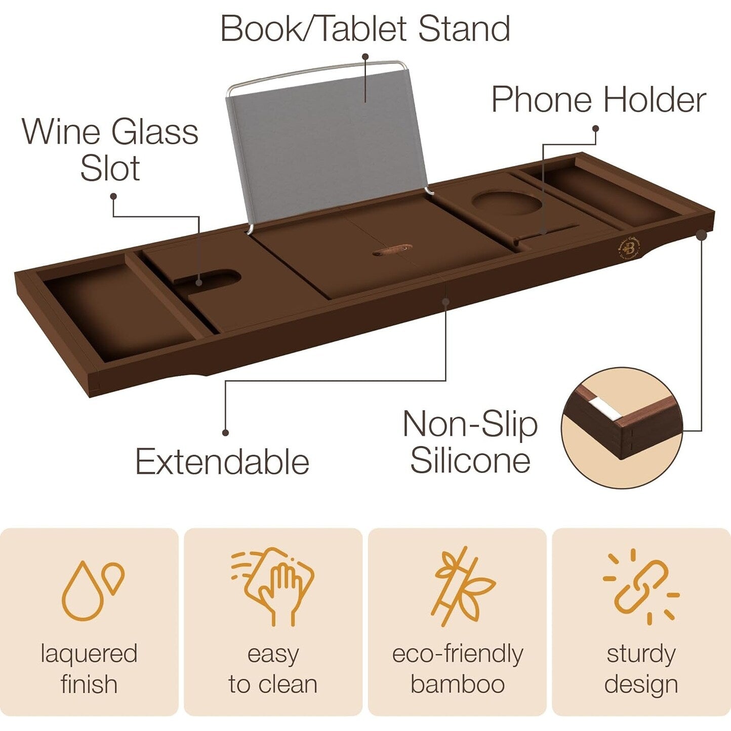 Vassoio per vasca da bagno in bambù - Vassoio espandibile per vasca, porta libri e tablet - Tavolo da bagno, vassoio per vasca, portaoggetti per vasca, design pieghevole