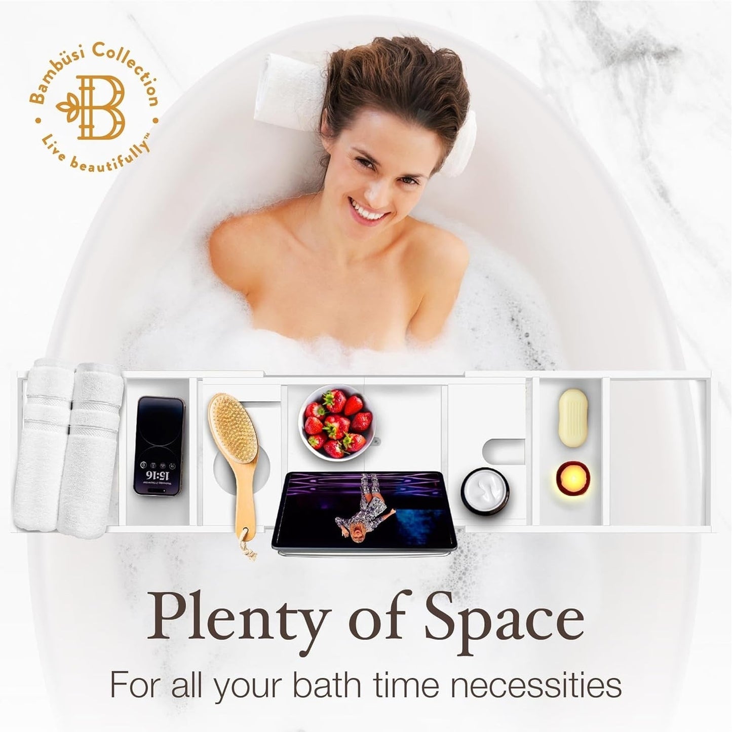 Vassoio per vasca da bagno in bambù - Vassoio espandibile per vasca, porta libri e tablet - Tavolo da bagno, vassoio per vasca, portaoggetti per vasca, design pieghevole