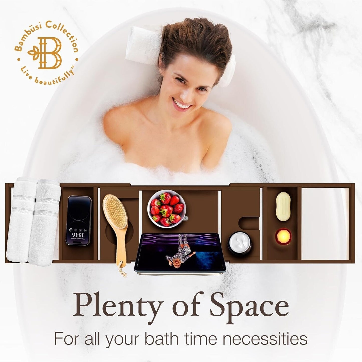 Vassoio per vasca da bagno in bambù - Vassoio espandibile per vasca, porta libri e tablet - Tavolo da bagno, vassoio per vasca, portaoggetti per vasca, design pieghevole