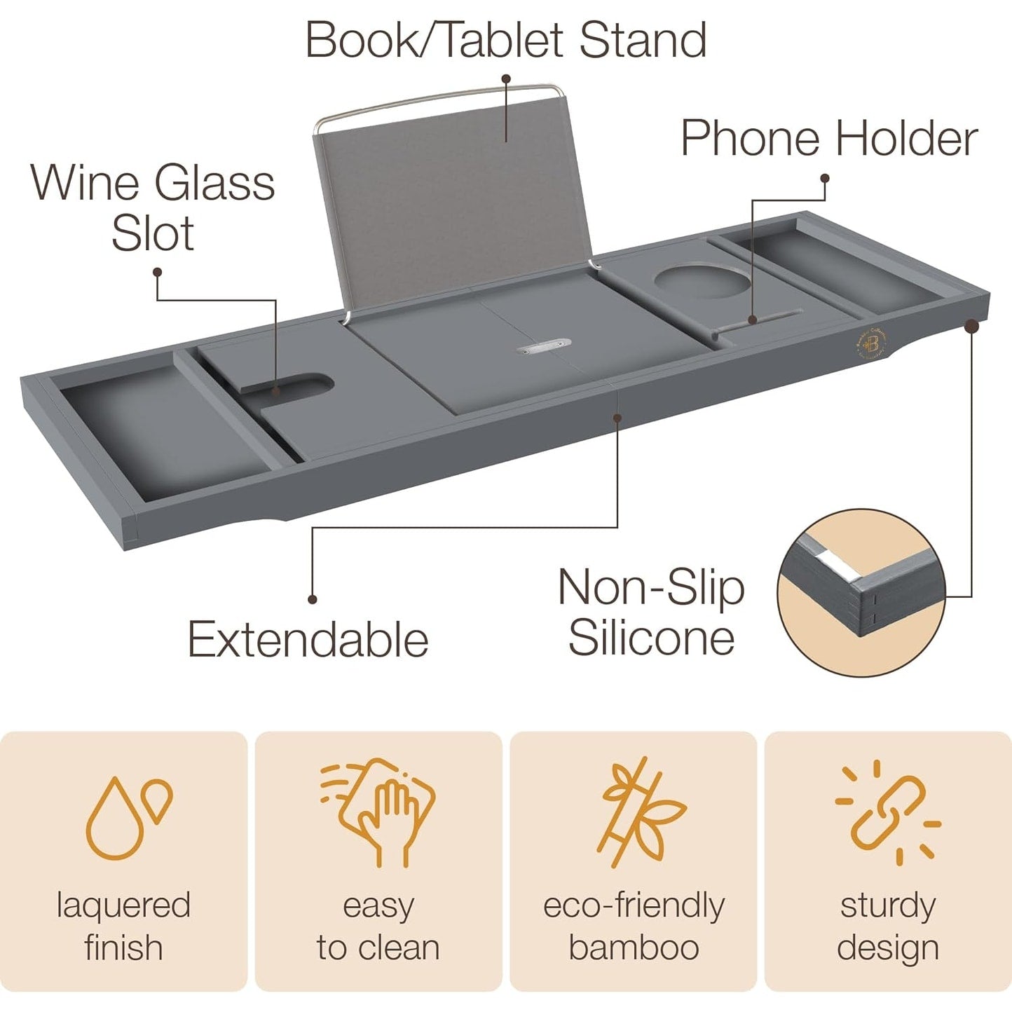 Vassoio per vasca da bagno in bambù - Vassoio espandibile per vasca, porta libri e tablet - Tavolo da bagno, vassoio per vasca, portaoggetti per vasca, design pieghevole