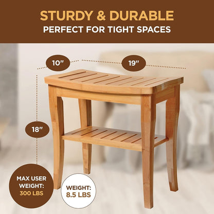 Sgabello da doccia in bambù per spa - Seduta in legno a 2 livelli, poggiapiedi, sgabello da barba con piedini antiscivolo + ripiano portaoggetti