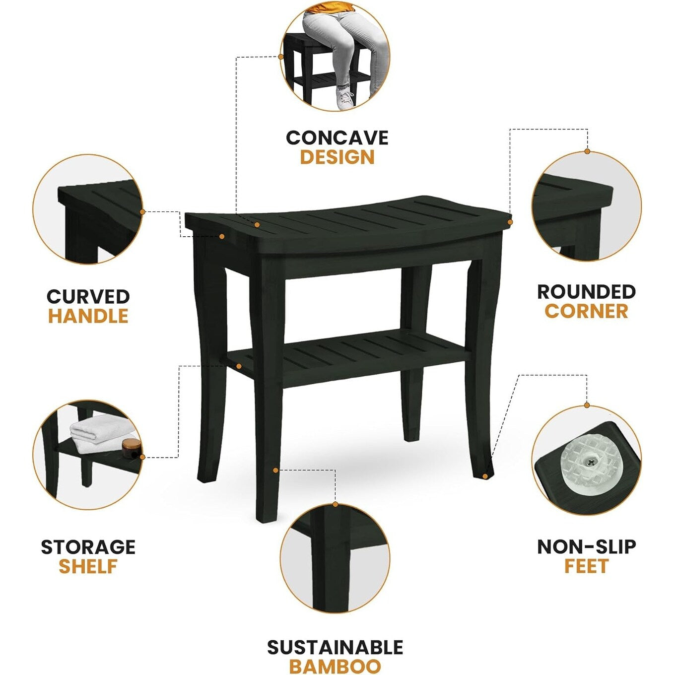 Sgabello da doccia in bambù per spa - Seduta in legno a 2 livelli, poggiapiedi, sgabello da barba con piedini antiscivolo + ripiano portaoggetti