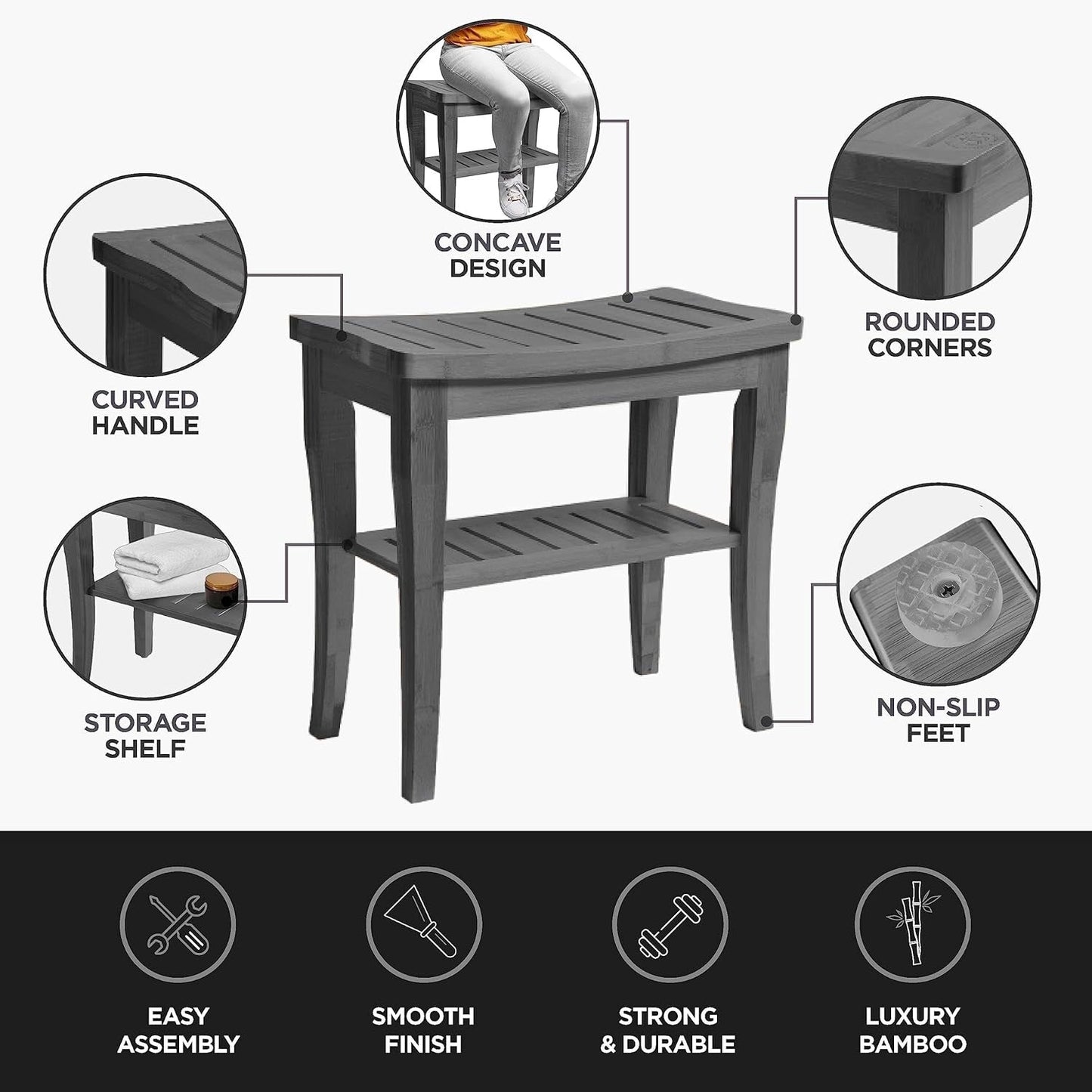 Sgabello da doccia in bambù per spa - Seduta in legno a 2 livelli, poggiapiedi, sgabello da barba con piedini antiscivolo + ripiano portaoggetti
