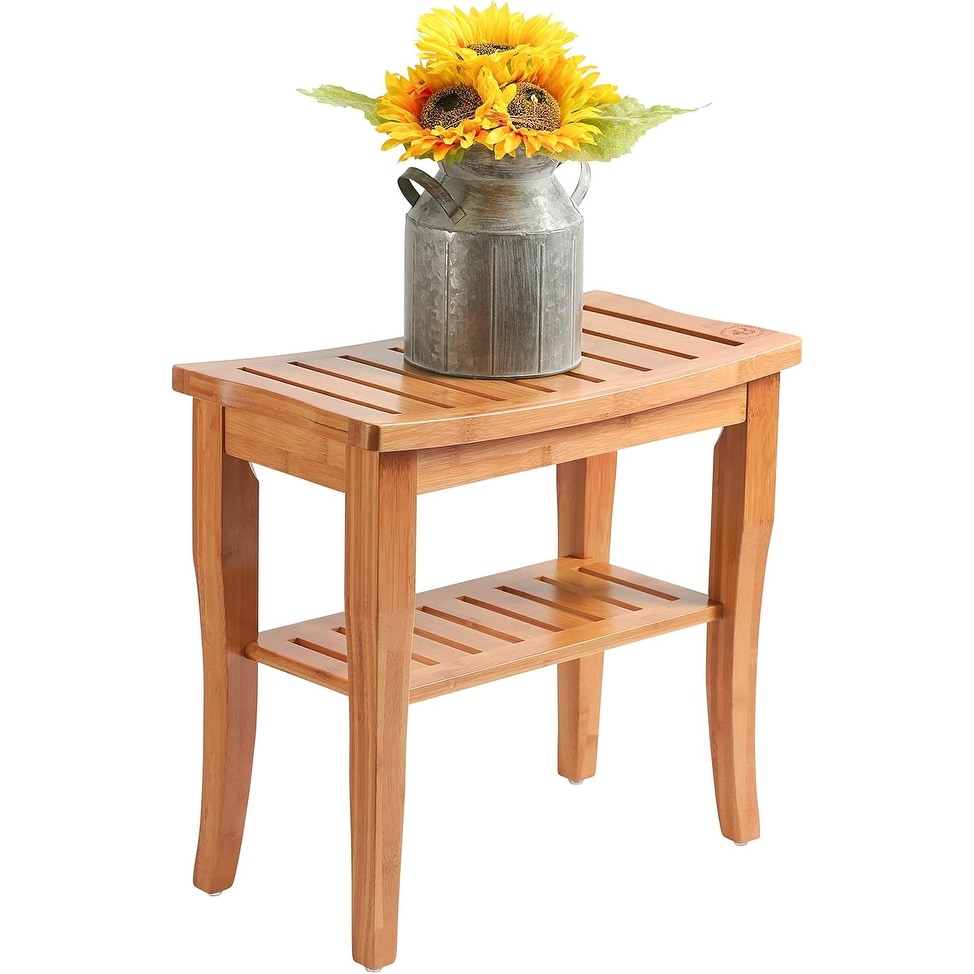 Sgabello da doccia in bambù per spa - Seduta in legno a 2 livelli, poggiapiedi, sgabello da barba con piedini antiscivolo + ripiano portaoggetti