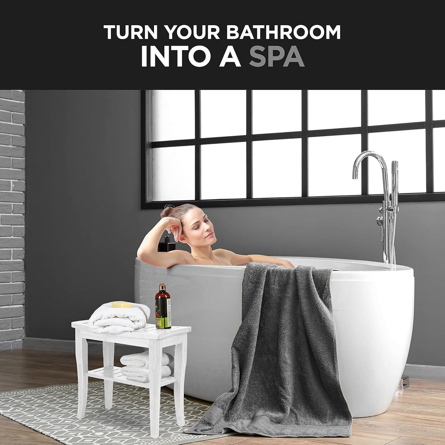 Sgabello da doccia in bambù per spa - Seduta in legno a 2 livelli, poggiapiedi, sgabello da barba con piedini antiscivolo + ripiano portaoggetti