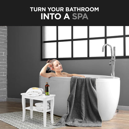 Sgabello da doccia in bambù per spa - Seduta in legno a 2 livelli, poggiapiedi, sgabello da barba con piedini antiscivolo + ripiano portaoggetti