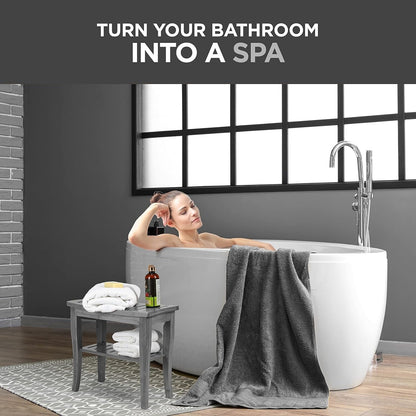 Sgabello da doccia in bambù per spa - Seduta in legno a 2 livelli, poggiapiedi, sgabello da barba con piedini antiscivolo + ripiano portaoggetti