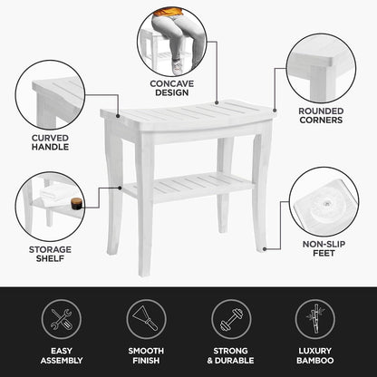 Sgabello da doccia in bambù per spa - Seduta in legno a 2 livelli, poggiapiedi, sgabello da barba con piedini antiscivolo + ripiano portaoggetti