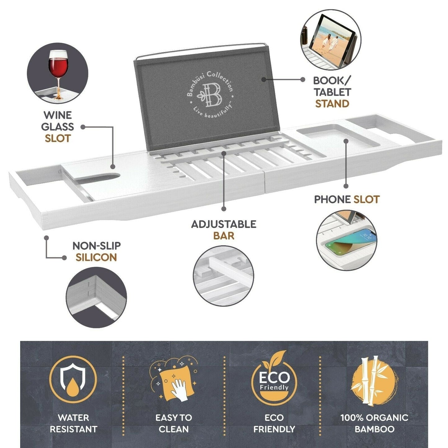 Vassoio per vasca da bagno - Vassoio regolabile in bambù per vasca da bagno - Vassoio pieghevole per vasca da bagno in legno - Accessori per il bagno