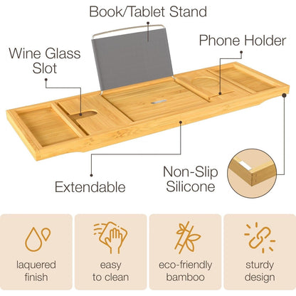 Vassoio per vasca da bagno in bambù - Vassoio espandibile per vasca, porta libri e tablet - Tavolo da bagno, vassoio per vasca, portaoggetti per vasca, design pieghevole