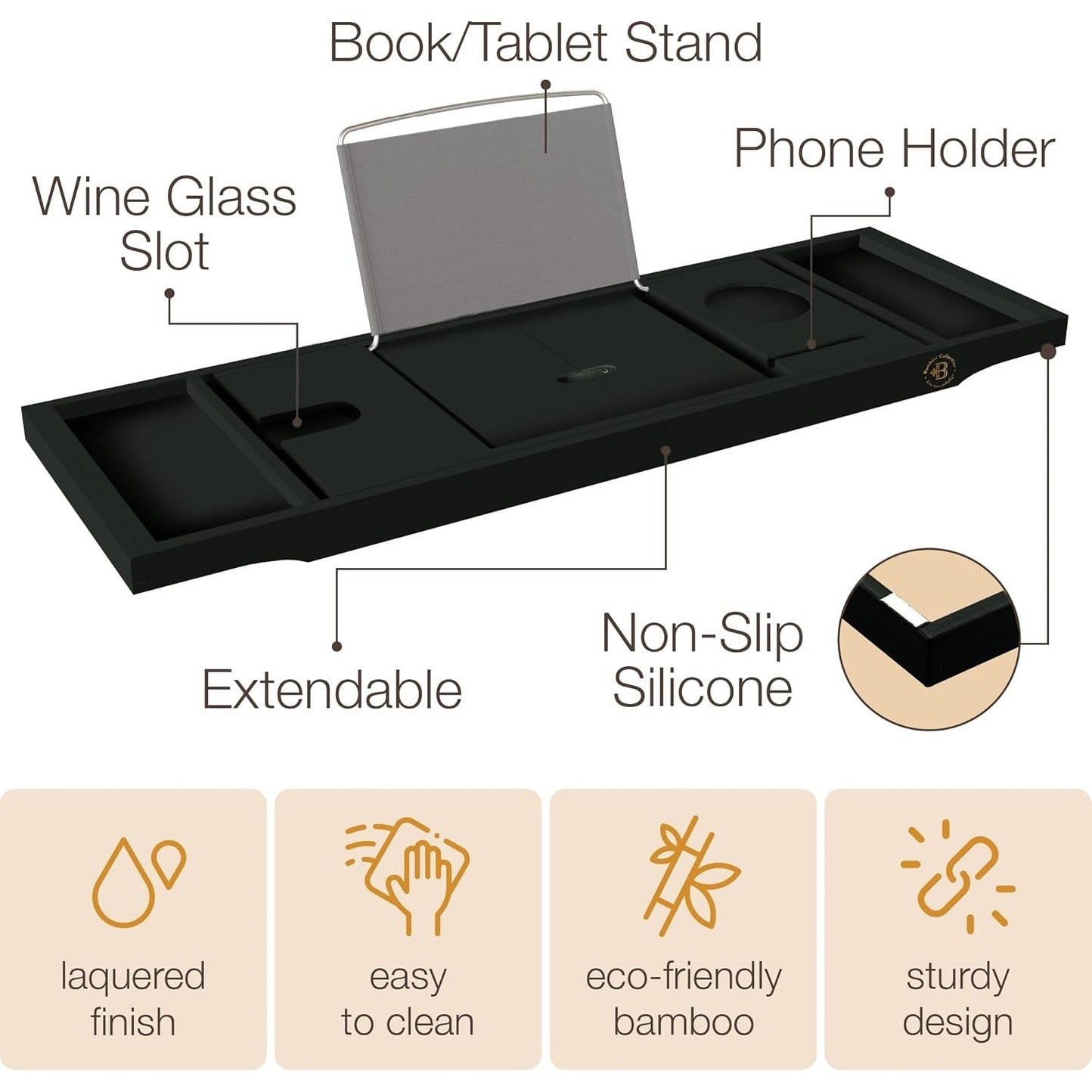 Vassoio per vasca da bagno in bambù - Vassoio espandibile per vasca, porta libri e tablet - Tavolo da bagno, vassoio per vasca, portaoggetti per vasca, design pieghevole