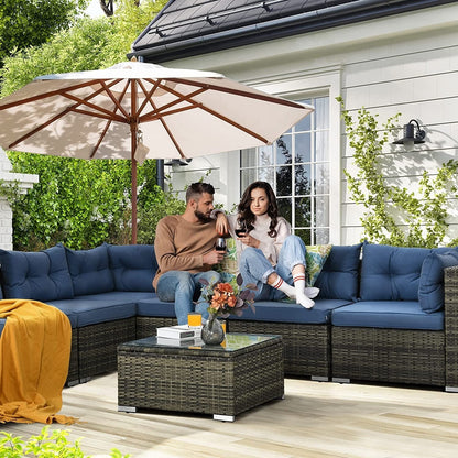 Set di divani componibili da giardino Bavorov in vimini, 7 pezzi, blu navy