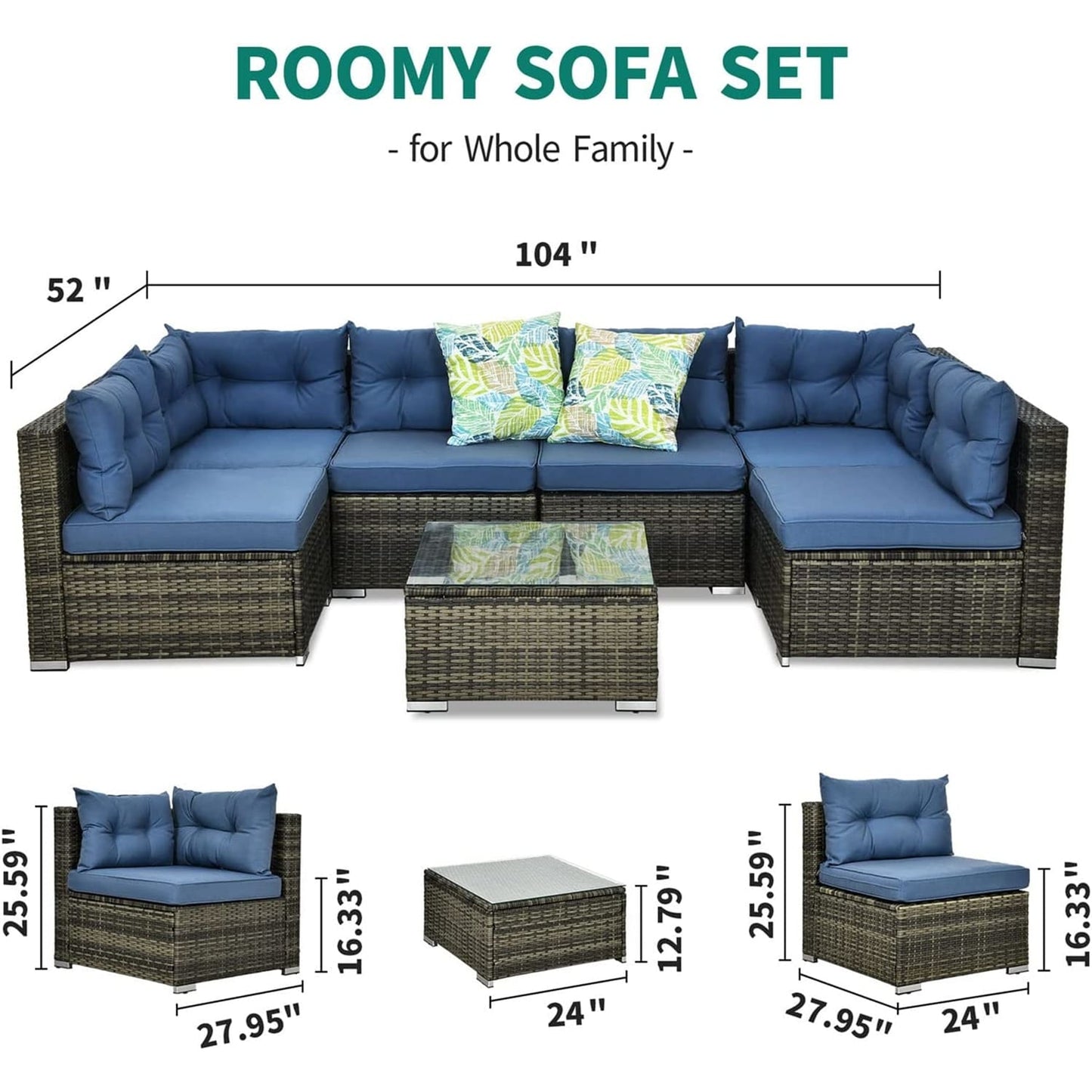 Set di divani componibili da giardino Bavorov in vimini, 7 pezzi, blu navy