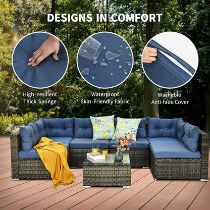 Set di divani componibili da giardino Bavorov in vimini, 7 pezzi, blu navy