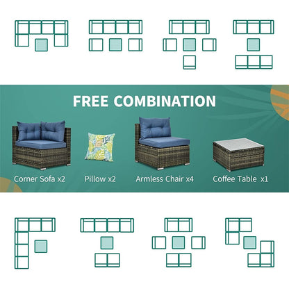 Set di divani componibili da giardino Bavorov in vimini, 7 pezzi, blu navy