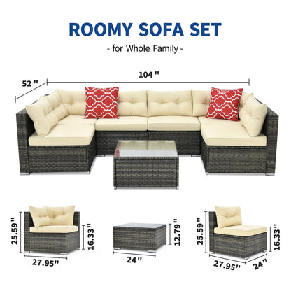 Moasis, set da conversazione con divano componibile in vimini, 7 pezzi, per esterni, patio, con tavolino e cuscini