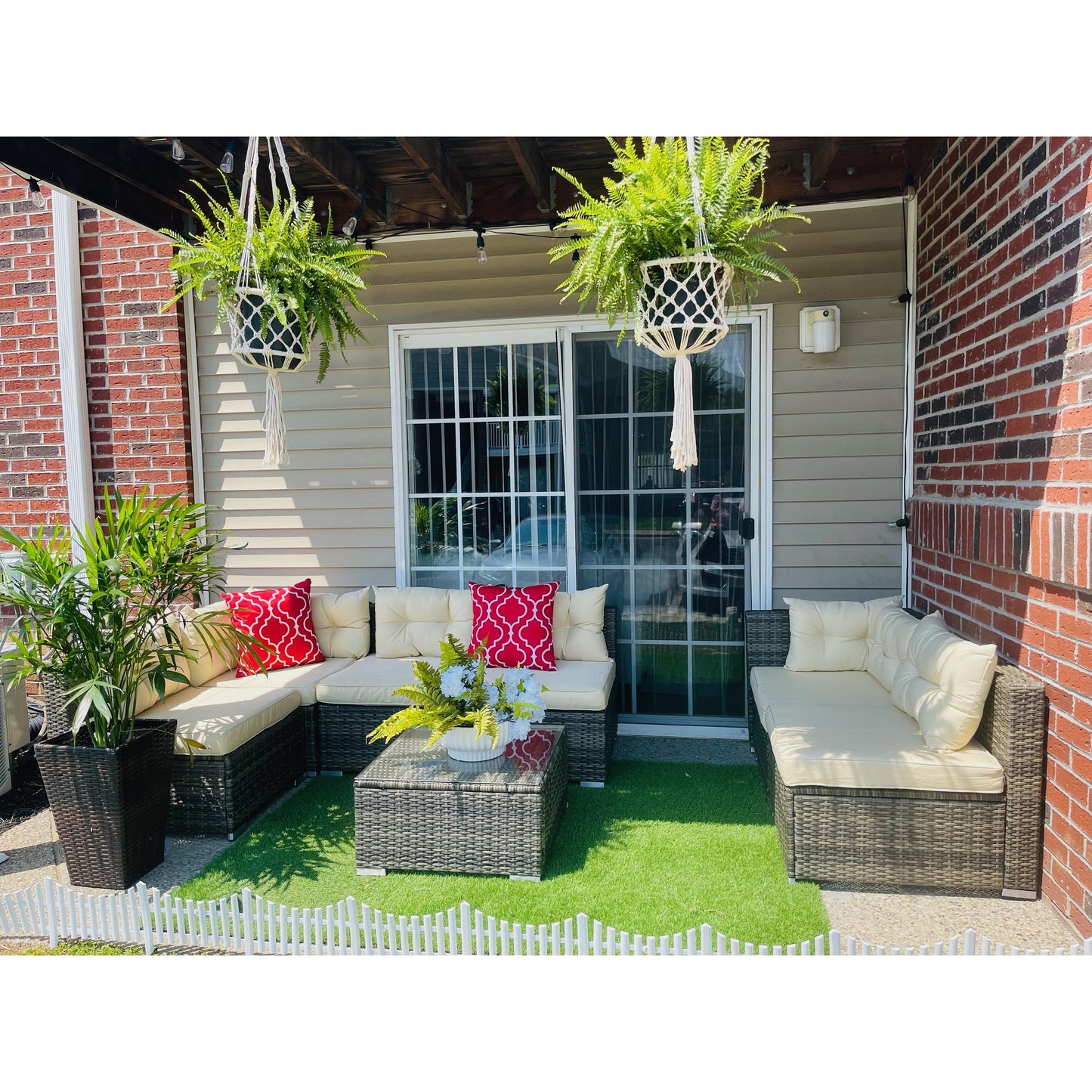 Moasis, set da conversazione con divano componibile in vimini, 7 pezzi, per esterni, patio, con tavolino e cuscini