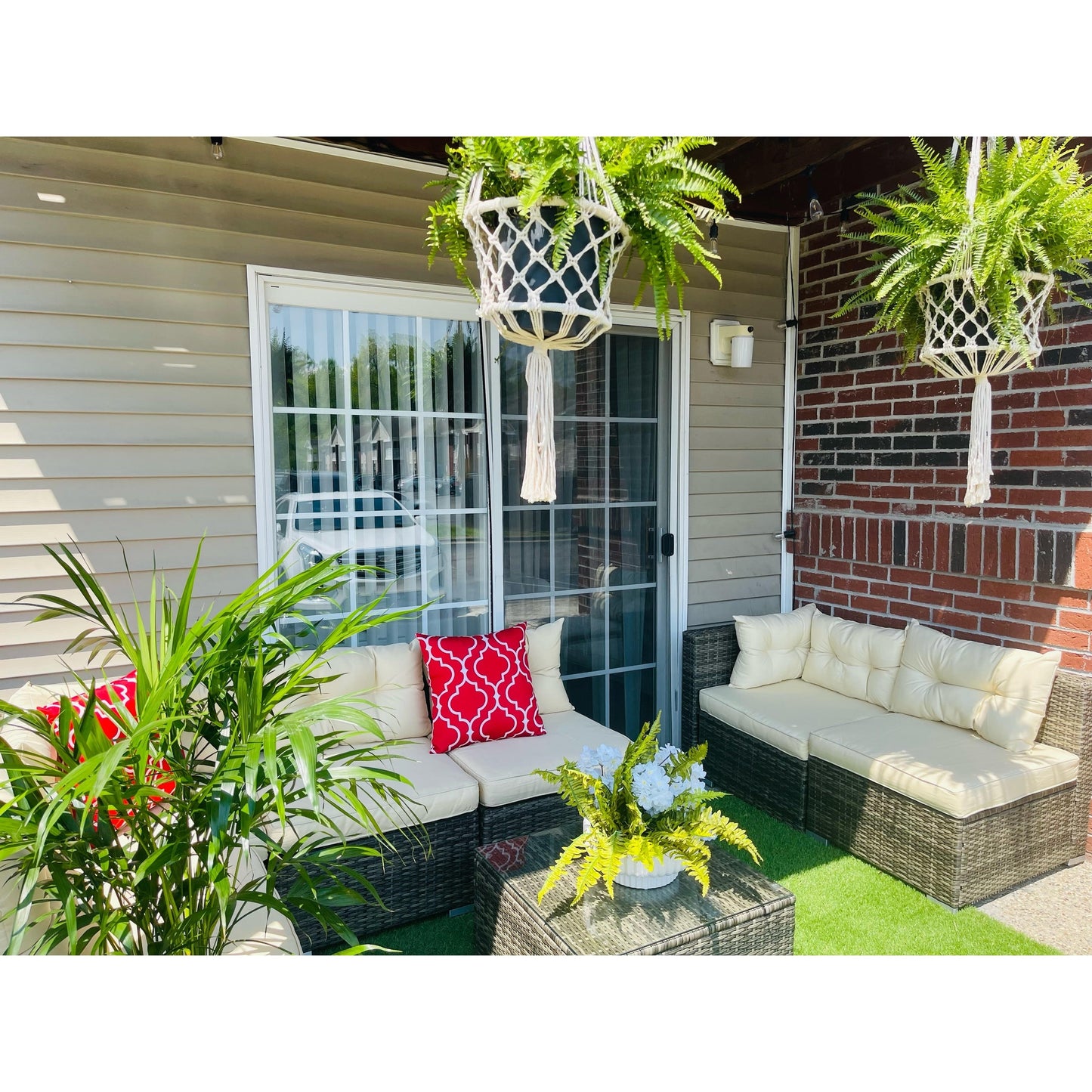 Moasis, set da conversazione con divano componibile in vimini, 7 pezzi, per esterni, patio, con tavolino e cuscini